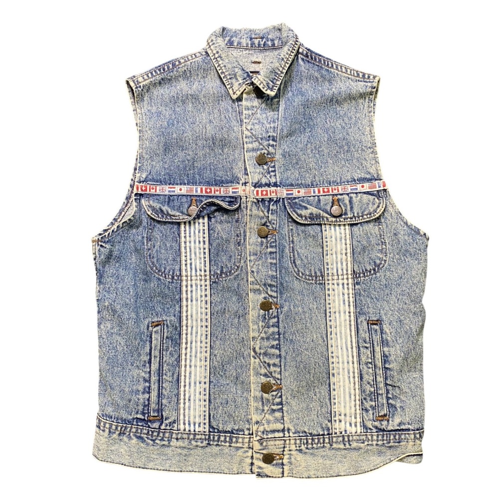 Vintage Lee Denim Vest Blue Womens Medium Acid Wash Country Flags USA 80s